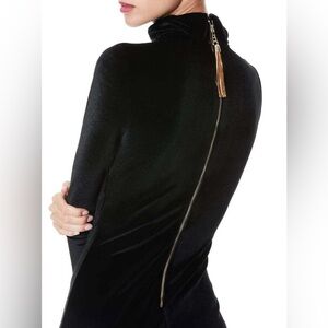 Alice + Olivia Delora Gold Metallic Tassel Zip Long Sleeve Velvet Dress Black
